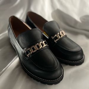 New! BCBGeneration Faux Leather Gold Chain Chunky Block Heel Lug Sole Loafers